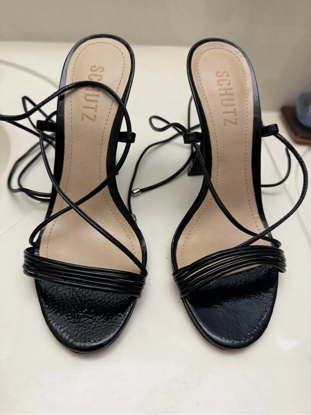 SCHUTZ Black Patent Strappy Lace-Up High Heel Sandal